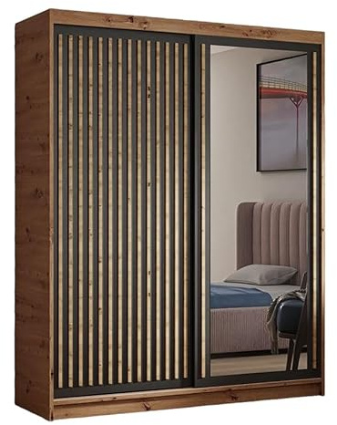 Margaret Hadas24 Kleiderschrank Dora mit Lamellen und Spiegel, Organizer, Mehrzweckschrank, Schwebetürenschrank, Garderobenschrank, Kleiderstange, Kleiderständer, Schrank, 100 cm, schwarz, braun