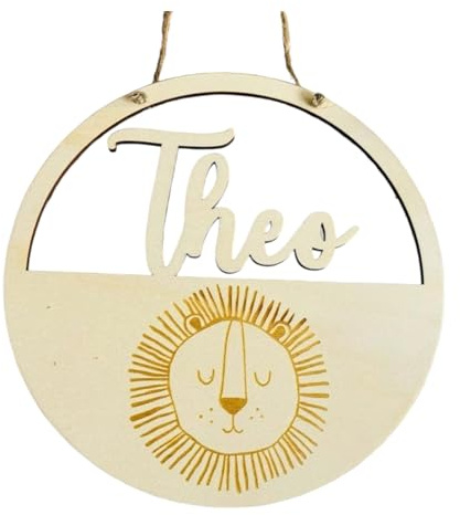 Generisch Personalisiertes Namensschild mit Löwe, Türschild, Holzschild Kinder Baby, Geschenk Geburt Taufe Geburtstag, Regenbogen, Patenkind, Kinderzimmerdeko, Woodlands, Bär REH Tiger
