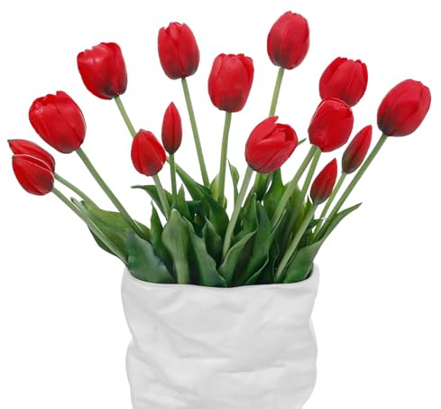 LINSIE 15 st röda konstgjorda blommor tulpaner äkta beröring latex plast mjuka falska buketter för fest, bröllop, hem, rum, trädgårdsdekor