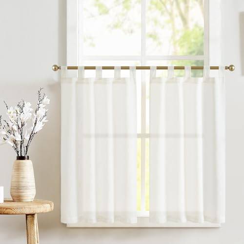 TOPICK Scheibengardinen mit Schlaufen Bistrogardine 2er Set H115xB65 Weiß | Blickdicht Küchenvorhänge Leinenoptik Lichtdurchlässig Kurzgardine Küchfenster landhausstil küchengardine fenstergardinen