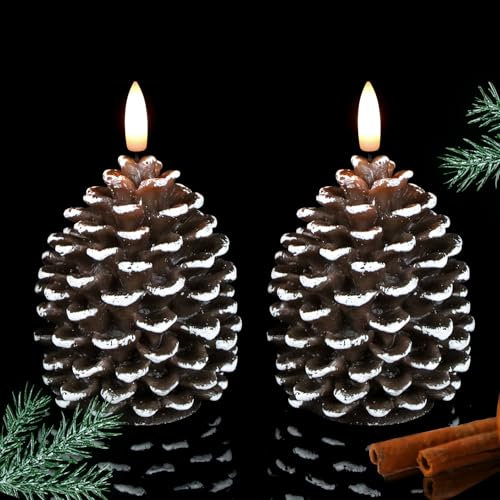 Lasumora LED Flameless Pinecone Candles with 6H Timer, Waxy Pillar Candles, Christmas Candle 2 Pack Flickering Acorn Decor Woodsy for Fall Christmas Decor(Brown, 3.5 x 6 Inch)