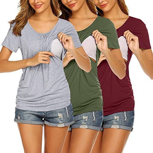 Generisch Umstands-Tanktop für Damen, lässig, kurzärmlig, seitlich gerafft, mit Rundhalsausschnitt, Basic-Stillweste zum Stillen, 3er-Pack Schwarzes Enges Oberteil Damen (Wine, S)