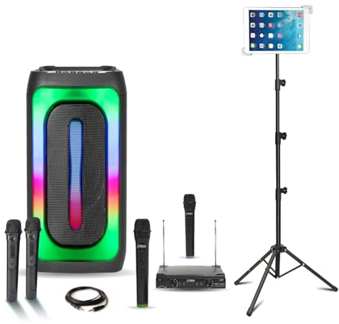 MOOVING Light & SOUND - Pack Karaoke altavoz 1000 W USB Bluetooth con batería Mooving MAGIC-SOUND1000-4 micrófonos inalámbricos - Soporte para tableta SMM20 - Noche