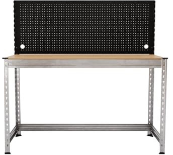Master Regale Werkbank mit Stecktafel 150x150x60 cm – Traglast 300 kg – verzinkter Stahlrahmen – DTD-Arbeitsplatte 18 mm – werkzeuglose Montage – mit Lochwand – für Werkstatt & Garage