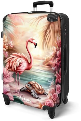 NoBoringSuitcases© Koffer Kinder Groß Reisekoffer Kinderkoffer mit 4 Rollen | 67x43x25 cm - Leicht Trolley Große M Hartschalenkoffer Flugzeug Flamingo - Schildkröte - Strand - Dschungel