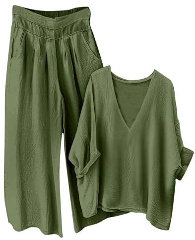 Loungewear Sets for Women Baggy Summer Two Piece Outfits Long Sleeve V Neck Blouses and Wide Leg Trousers Ladies Oversized Tracksuit Sets Cotton Linen Suits Pyjamas Set 2 Piece Co Ords