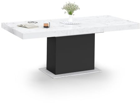 IDMarket - Mesa de comedor extensible rectangular Eden 6-10 plazas con tablero efecto mármol blanco Alaska y negro 160-200 cm