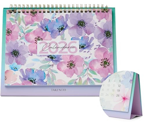 Takenote Calendario 2026 Sobremesa - Tamaño 21,5 x 15,5 cm, Mes Vista, 12 Meses Enero a Diciembre, Plannings Anual y Mensual con Espacio para Notas, Cierre Anillas Doble, Español e Inglés - Carla