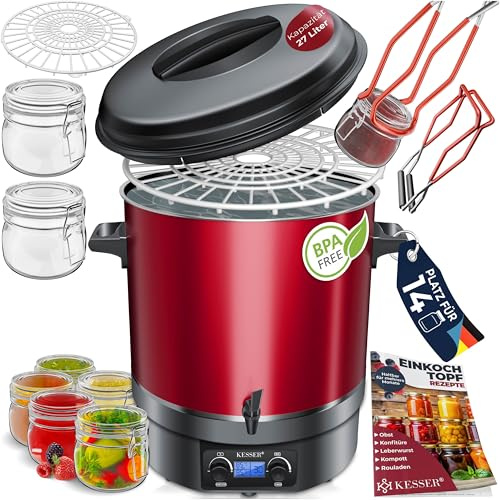KESSER Einkochautomat 27 Liter Glühweinkocher Glühweinkessel mit Timer 2000 Watt Temperatur von 30-100°C Zeituhr bis 120 Minuten und Dauerbetrieb Abschaltautomatik Einkochvollautomat 2 Gläser & Zange