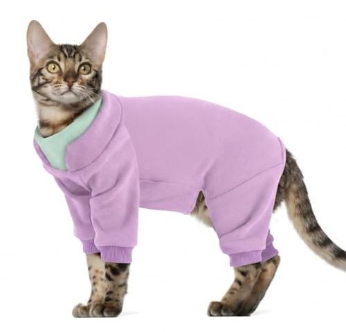 Hjumarayan Katt-onesie, återhämtningsdräkt för katter, övervårdsdräkt med ben, klibbig hårdräkt efter kirurgi, full täckning varm fleece-klänning för att sluta slicka, lila M