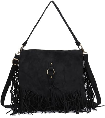 ITALYSHOP24 DAMEN TASCHE SHOPPER Fransentasche Wildleder Optik Samt Boho Crossbody Schultertasche Hobo Bag CrossOver Umhängetasche Messenger Henkeltasche City Bag