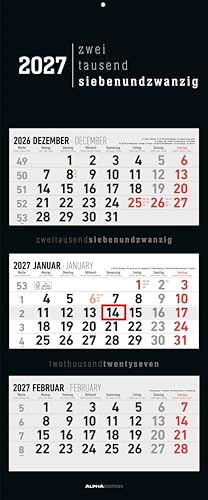 3-Monatskalender Black 2027: Wandkalender 33x80 cm mit 3 Monaten im Überblick, Datumsschieber, Jahresübersicht, Schulferien, faltbar, für Büro & Homeoffice | Wandkalender 33x80 cm mit 3 Monaten im Überblick, Datumsschieber, Jahresübersicht, Schulferien, faltbar, für Büro