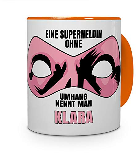printplanet Tasse mit Namen Klara - Motiv Superhelden ohne Umhang - Namenstasse, Kaffeebecher, Mug, Becher, Kaffeetasse - Farbe Orange