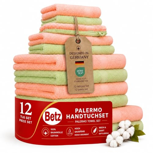 Betz 12-TLG. Handtuch-Set Palermo 100% Baumwolle 2 Liegetücher 4 Handtücher 2 Gästetücher 2 Seiftücher 2 Waschhandschuhe Farbe apricot und grün