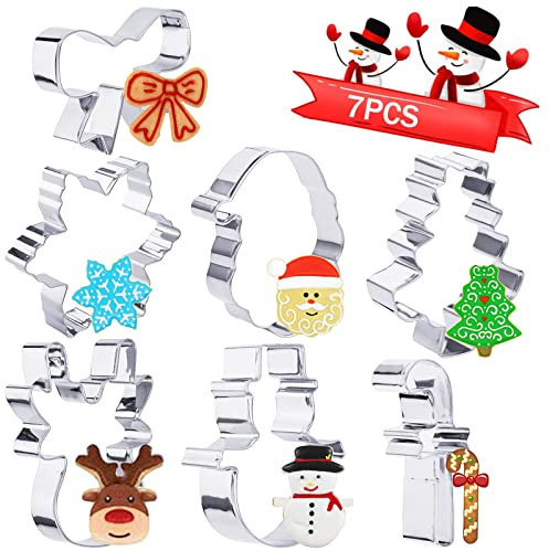 faburo 7PCS Formine per Biscotti Natale, 3D Formine Biscotti in Acciaio Inox, Formine per Pasticcini - Renna, Albero di Natale, Babbo Natale, Fiocco di Neve, Candy Cane, Papillon, Pupazzo di Neve