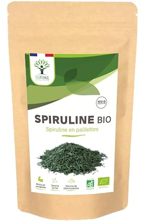 Spiruline Bio Paillette - Protéines BCAA Phycocyanine - Energie Immunité - 100% Spiruline Pure en Paillettes Brindilles - Bioptimal Marque Française - Conditionné en France - Certifié Ecocert - 100 g