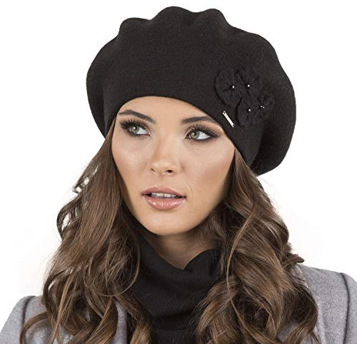 VIVISENCE Baskenmütze Damen Elegant Blume Warm Herbst Winter Accessoire 7006, Schwarz,Einheitsgröße