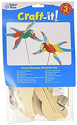 Baker Ross FE128 Papagei Windmühle Holz Bastelset - 3er Pack, Windrädchen Basteln für Kinder, Kindergeburtstage oder Kindergarten