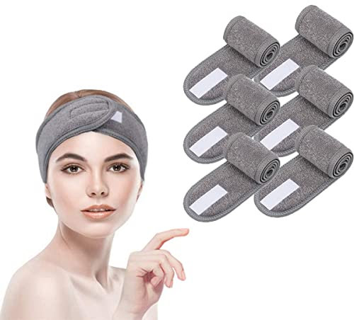 BangShou 6 Stück Kosmetishe Haarband mit Klettverschluss, SPA Stirnband Frottee Haarschutzband für Duschen, Make Up und Kosmetik (Grau)