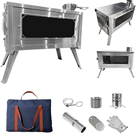 BRÜCKE Folding Wood Stove, For Solo Camping, Easy Assembly, Compact, Ultra Lightweight, 6.6 ft (2 m) Chimney Included, Storage Bag Included, Stainless Steel Stove