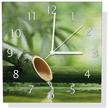 Wallario Design Wanduhr Bambusquelle Bambusrohr mit Wasser aus Aluverbund, Alu-Uhr Größe 30 x 30 cm, weiße Zeiger mit Metalloptik