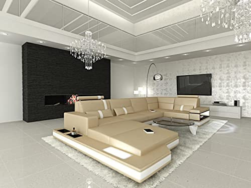 Sofa Wohnlandschaft Messana U Form Leder - mit LED Beleuchtung, verstellbare Kopfstützen, Recamiere/Lederfarben wählbar/Ausrichtung Ottomane wählbar (Ottomane Links, Sandbeige-Weiß)