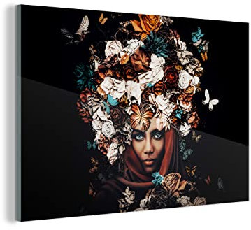 MuchoWow Glasbild Glasfoto Wandbild Bilder Deko 150x100 cm Blumen - Schmetterling - Frauen - Kopftuch
