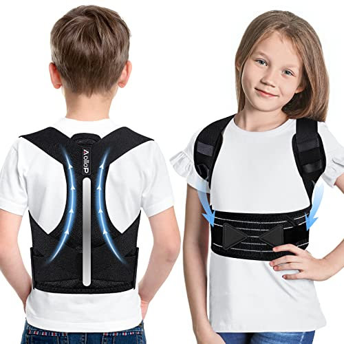 Aollop Back Posture Corrector for Kids Children has Adjustable Shoulder Straps with Shoulder Pads, Breathable Kids Back Brace with 1 Support Bar, 2 Elasticated Waistbands and Assistive Straps