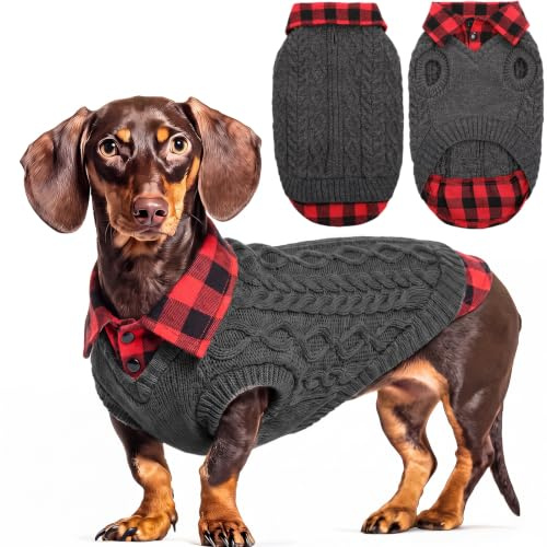 CITÉTOILE Hundepullover Strickpullover Karo Rollkragen Leinenlöcher L | Warme Welpenkleidung, Traktion Loch, Geeignet für kleine & mittlere Hunde, Katzenpullover, Herbst Winter Weihnachten, Grau