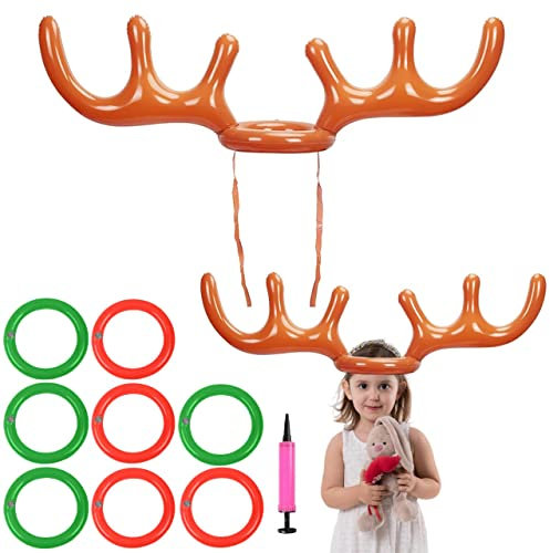 Aufblasbares Rentiergeweih-Spiel, 2 Stück Weihnachten Aufblasbares Ringwurfspiel, Rentier Geweih Ring Wurf Spiel, Aufblasbares Geweih mit 8 Ringe und 1 Luftpumpe, Weihnachten Kinder Ringwurfspiel