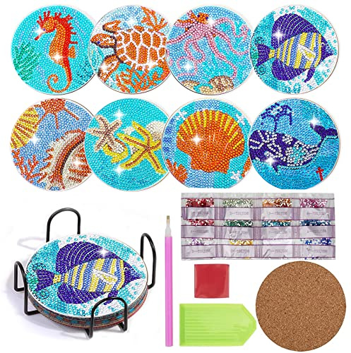 Ruikdly Diamond Painting Untersetzer 8er Set DIY Basteln Erwachsene mit Halter, 5D Diamond Painting Meer Tassenuntersetzer mit Diamanten Rund Boho fur Tassen, Kerzen Dekoratio
