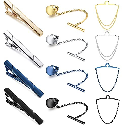 Kakonia Pasadores de Corbata para Hombres Pasador de Corbata Negro Azul Oro Plata Pasador de Corbata con Cadena Set para Corbatas Regulares