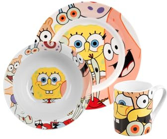 United Labels Spongebob Schwammkopf Frühstücksset Kinder, mit Spongebob, Geschirr Set Porzellan, 3-teilig mit Teller, Schale und Tasse, spülmaschinenfest und mikrowellengeeignet