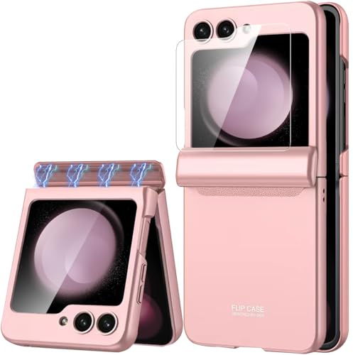 Miimall Compatible with Samsung Galaxy Z Flip 5 Case, [Magnetic Hinge Cover] [Built-in Screen Protector] Shockproof Hard PC Full Protective Shell Cover Case for Z Flip 5-Pink