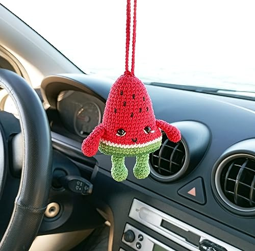 Watermelon Handmade Crochet Car Mirror Charm – Cute Amigurumi Hanging Ornament & Keychain – Summer Decor, Gift for Fruit Lovers, Nursery or Office
