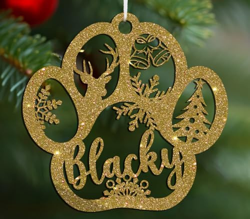 Personalisierte Weihnachtskugel mit dem Namen von Hund, Katze, Tier oder ausgewähltem Text, Durchmesser 10 cm, Weihnachtskugeln, individuelle Weihnachtsdekorationen (Pfote, Glitzer-Plexiglas)