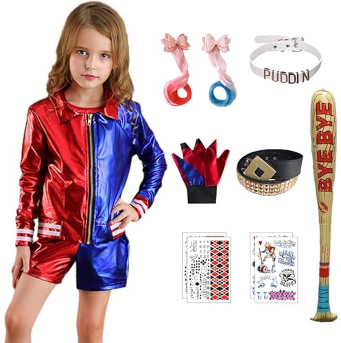 Alaiyaky Quinn Kostüm Harley, Karnevalskostüm, Damen, Quinn, Kostüm mit Jacke, T-Shirt, Shorts, Handschuh, Perücke, Gürtel, Ball, Strümpfe, Tattoo, Harley Verkleidung für Halloween (Mädchen, 150)