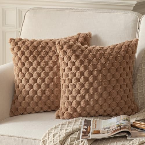 Mandioo 2er Set Braun superweichen dekorative Plüsch Kissenbezug Kissenbezüge 50 x 50 cm Wollsamt Dekokissenbezüge Kissenhülle Sofakissen Dekokissen flauschig für Couch Sofa Bett Wohnzimmer