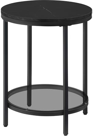 VASAGLE Beistelltisch rund, Glastisch mit Hartglas und Metallgestell | Kleiner Couchtisch, Nachttisch, Sofatisch, Balkon, Marmorschwarz und Schiefergrau, Baris Kollektion LET285B58