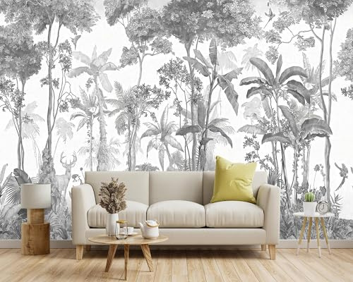 Naturempress Papier Peint Panoramique 310X250（LXH） Jungle Noire Et Blanche Tropicale Papier Peint Intissé Tapisserie Poster Mural pour Salon Chambre Décoration Murale
