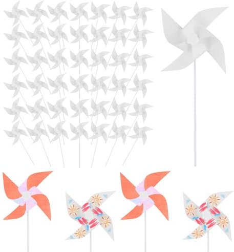 PEUTIER 50pcs DIY Kids Paper Pinwheels, White Blank Paper Pinwheels Blank Plastic Windmills Small Mini Pinwheels Craft for Children Summer Garden Activities School Group Daycare Home Fun Graffiti