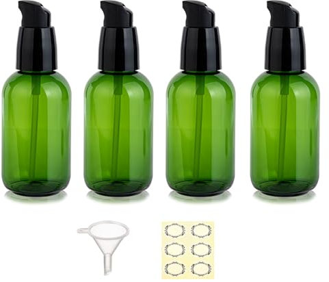 Apstaqeoo 4Pcs 80Ml Empty Lotion Pump Bottle Dispenser for Toiletries TSA Approved Pump Dispenser Leak-proof Plastic Travel Bottles Container with Label & Funnel for Cleaning Shampoo Cosmetic (Green)