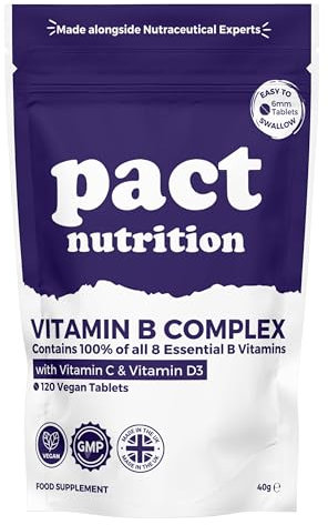 Vitamin B Complex High Strength – All 8 B Vitamins (B1, B2, B3, B5, B6, B7, B9, B12) + Biotin & Folic Acid – with Vitamin C & D3 – 120 Vegan Tablets – Energy & Immunity Support – Pact Nutrition