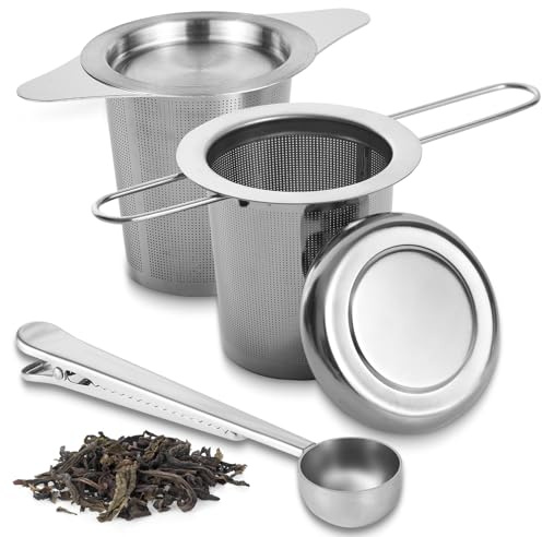 2 Stück Teesieb für losen Tee, Teesieb Teefilter aus 304 Rostfreiem Edelstahl mit Deckel, Teelöffel und Faltbare Griffe, Passend für die Meisten Tee-Tassen und Tee-Schalen, Spülmaschinenfest