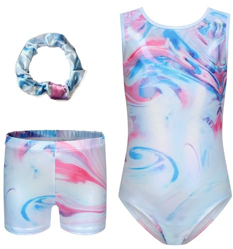 Happy Cherry Turnanzug Mädchen Gymnastikanzug mit Shorts Haarband Set Ärmellos Gymnastikbody Kunstturnen Kleidung Kinder Turn Leotards 5-6 Jahre Blau