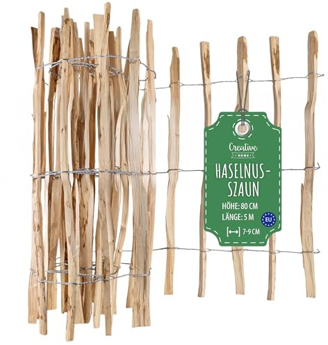 Creative Home Recinzione Giardino Esterno | Staccionata Legno Alto 80cm Lungo 5m | Recinzione in Nocciolo a Rotolo | Distanza Pannelli 7-9cm | Recinto Legno per Prato, Bordatura di Aiuole in Nocciolo