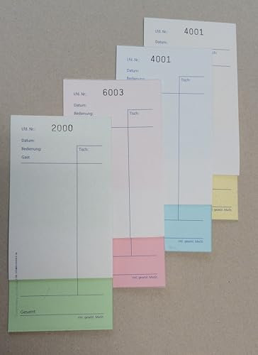 Kellnerblock mit Durchschlag, durchschreibend, nummeriert von 0001 bis 3000, (Papierfarbe GRÜN), 100 Sätze je Block