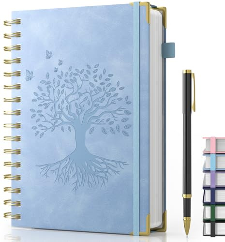 Notizbuch A5, Hardcover Spiral Journal mit 240 Seiten 100gsm Dickes Papier | Leder Tagebuch, Journal mit Stift, Hardcover Notizblock für Frauen Männer Arbeit Büro Schule, 14.5 x 21cm-Azurblau