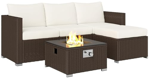 Outsunny 5 Piece Rattan Garden Furniture Set with Gas Fire Pit Table, 4 Seater Outdoor Sectional Sofa Set with Footstool and Removable Cushions, Modular Combination, Brown and Cream White