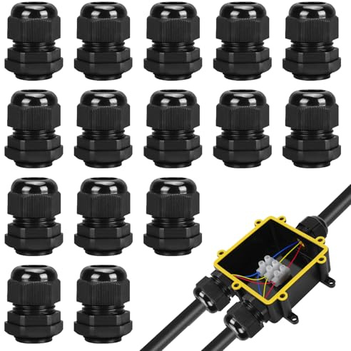 15 Pack M20 Cable Gland Black, M20 20mm IP68 Waterproof Black Cable Glands, Cables Gland Suitable for 6mm - 12mm Cables, Plastic Nylon Compression Glands Connectors with Locknut and Washer